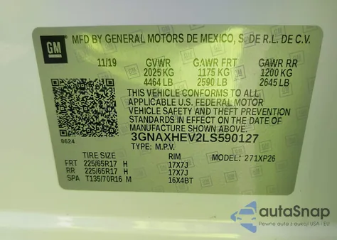 2020 Chevrolet Equinox Fwd Ls z USA, uszkodzony, nr VIN 3GNAXHEV2LS590127